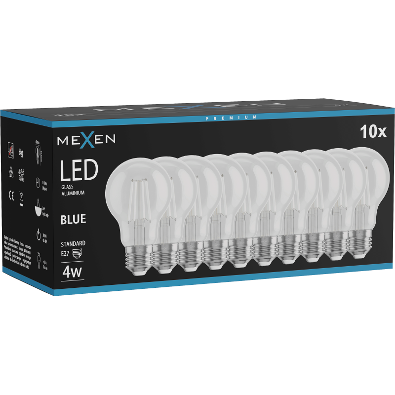 Mexen Vintis 10x LED gijų lemputė E27, A60, 4W, 55 lm, mėlyna - L150-E27-04XX-47x10