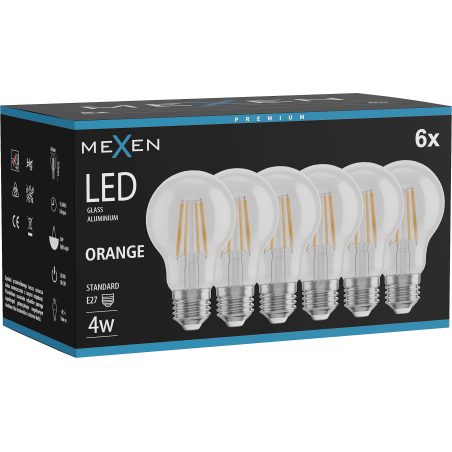 Mexen Vintis 6x LED gijų lemputė E27, A60, 4W, 55 lm, oranžinė - L150-E27-04XX-48x06
