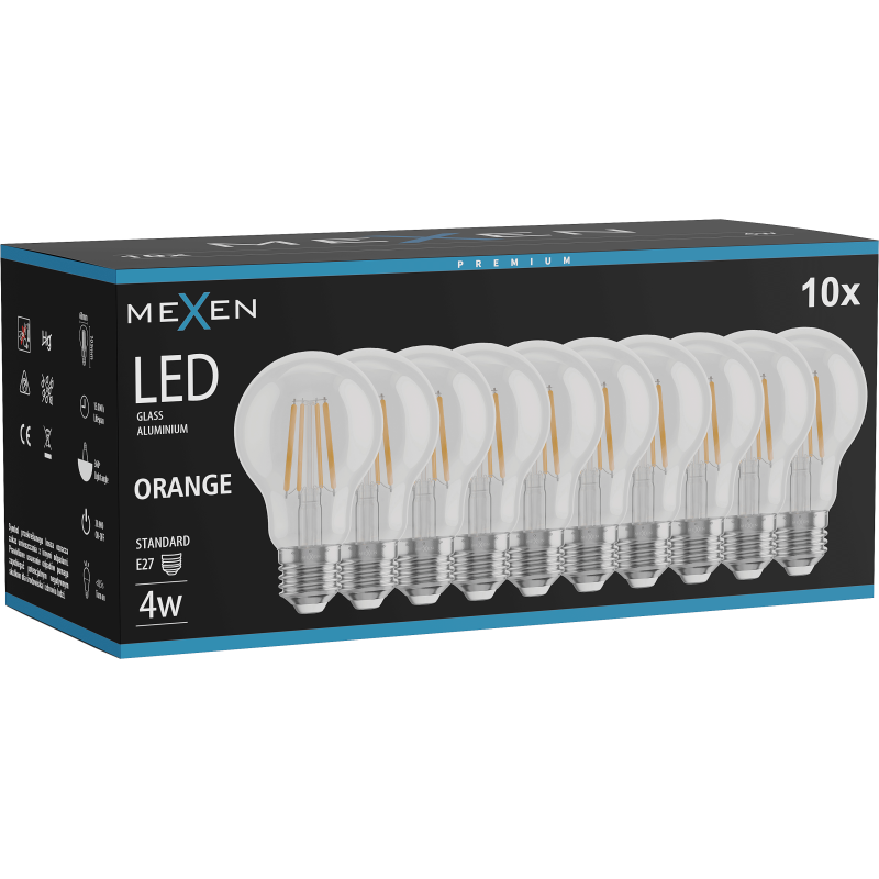 Mexen Vintis 10x kaitinamosios LED lemputės E27, A60, 4W, 55 lm, oranžinė - L150-E27-04XX-48x10