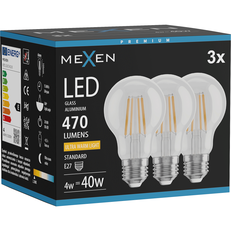 Mexen Vintis 3x LED gijų lemputė E27, A60, 4W, Šilta - 2200K, 470 lm, skaidrus - L150-E27-0422-00x03