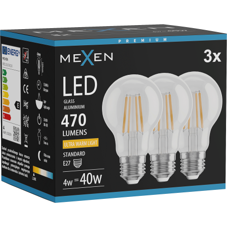 Mexen Vintis 3x LED gijų lemputė E27, A60, 4W, Šilta - 2200K, 470 lm, skaidrus - L150-E27-0422-00x03