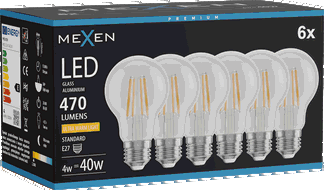 Mexen Vintis 6x filamento LED lemputė E27, A60, 4W, Šilta - 2200K, 470 lm, skaidri - L150-E27-0422-00x06