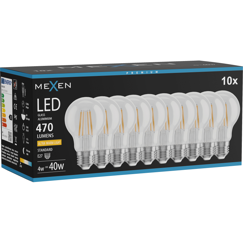 Mexen Vintis 10x lemputė LED gijų su E27, A60, 4W, šiltai balta - 2200K, 470 lm, skaidri - L150-E27-0422-00x10