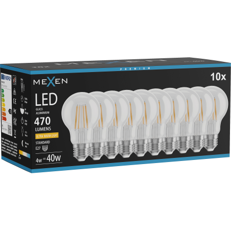 Mexen Vintis 10x lemputė LED gijų su E27, A60, 4W, šiltai balta - 2200K, 470 lm, skaidri - L150-E27-0422-00x10