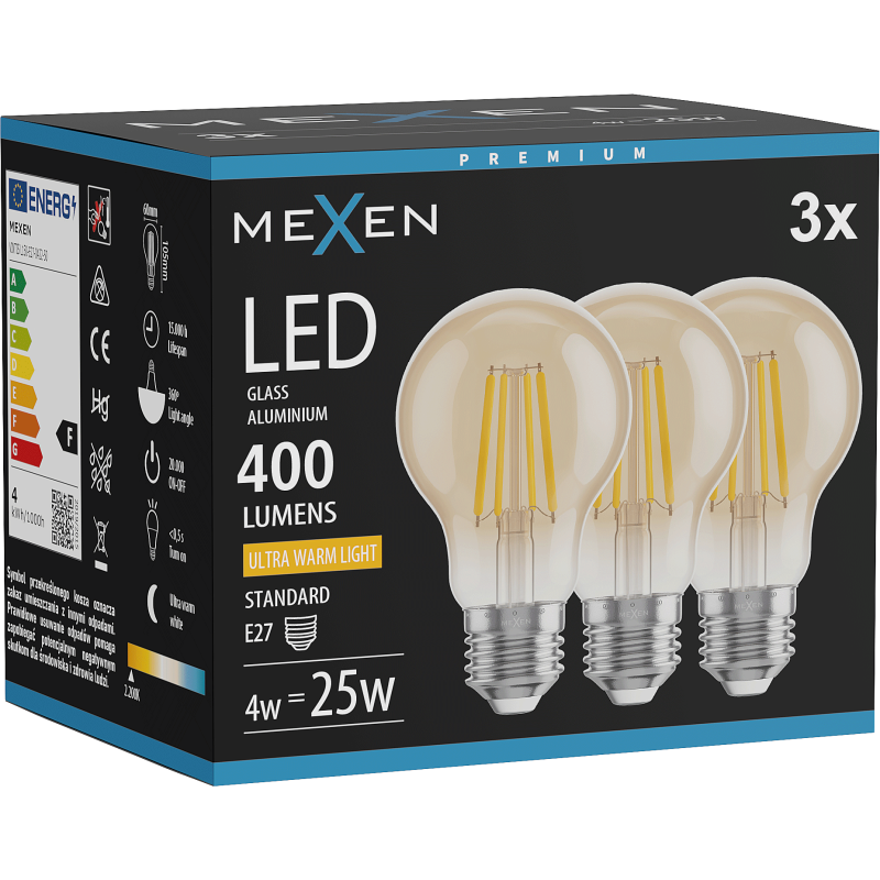Mexen Vintis 3x LED kaitrąžė lemputė E27, A60, 4W, Šilta - 2200K, 400 lm, gintaras - L150-E27-0422-50x03