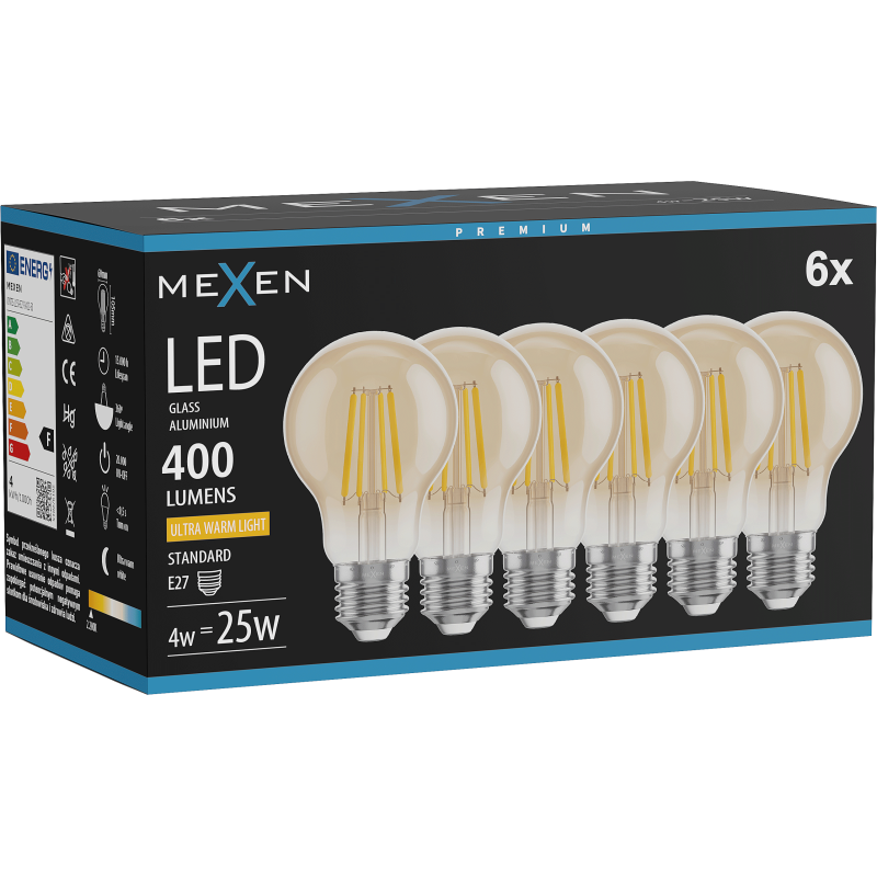 Mexen Vintis 6x LED siūlų lemputė E27, A60, 4W, Šilta - 2200K, 400 lm, gintaras - L150-E27-0422-50x06