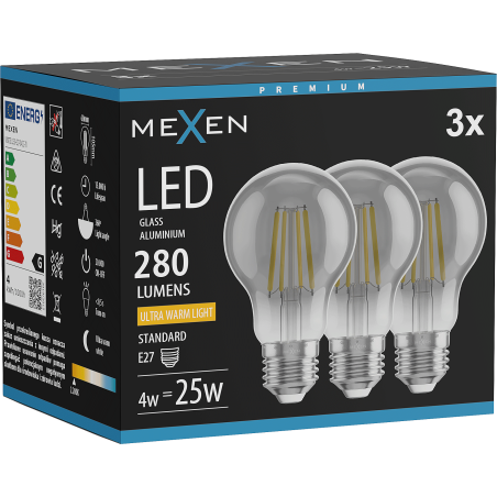 Mexen Vintis 3x LED šviesos diodo filamentinė lemputė E27, A60, 4W, šilta - 2200K, 280 lm, dūminė - L150-E27-0422-70x03