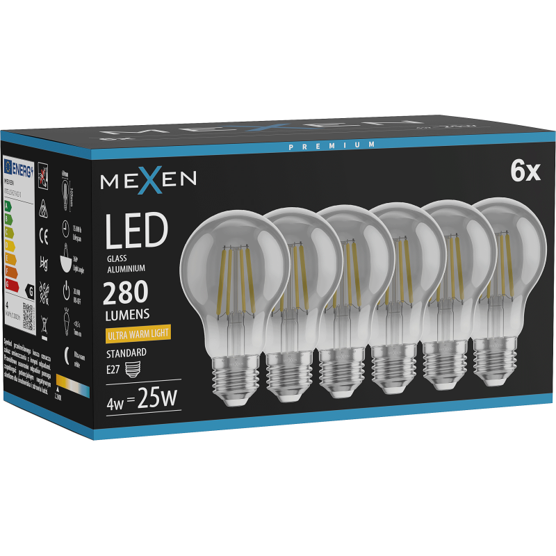 Mexen Vintis 6x LED kaitinamoji lemputė E27, A60, 4W, Šilta - 2200K, 280 lm, tamsintas - L150-E27-0422-70x06