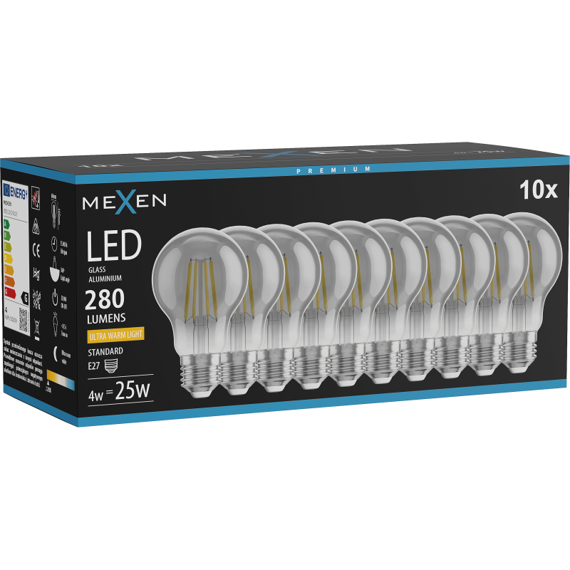 Mexen Vintis 10x LED siūlelio lemputė E27, A60, 4W, Šilta - 2200K, 280 lm, dūminė - L150-E27-0422-70x10