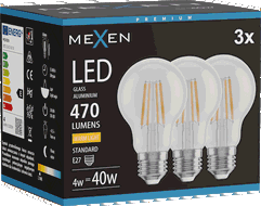Mexen Vintis 3x LED filamentinė lemputė E27, A60, 4W, Šilta - 2700K, 470 lm, skaidri - L150-E27-0427-00x03