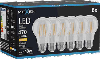 Mexen Vintis 6x Kaitinamojo siūlo LED lemputė E27, A60, 4W, Šilta - 2700K, 470 lm, skaidri - L150-E27-0427-00x06
