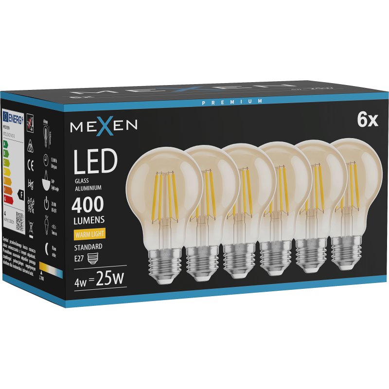 Mexen Vintis 6x LED gijų lemputė E27, A60, 4W, Šilta - 2700K, 400 lm, gintaro - L150-E27-0427-50x06