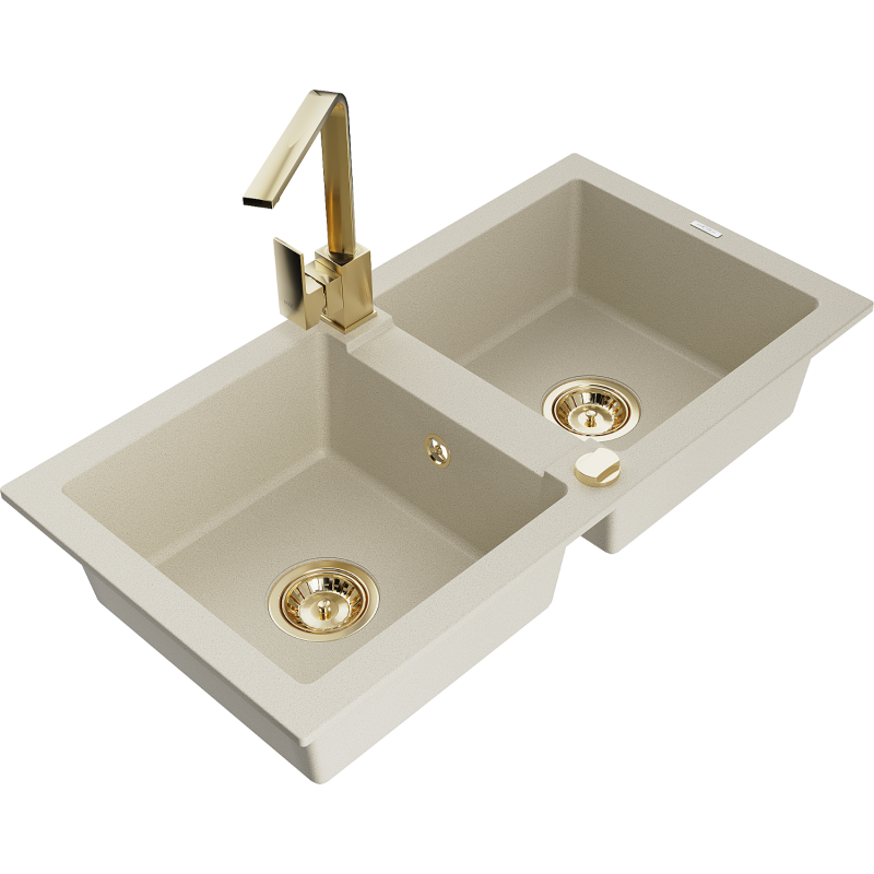 Mexen Mario granitinė plautuvė dviejų skyrių su virtuviniu maišytuvu Rita, smėlio spalvos - 6504-69-670300-50