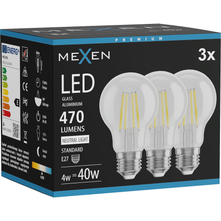 Mexen Vintis 3x LED filamentinė lemputė E27, A60, 4W, Neutrali - 4000K, 470 lm, skaidri - L150-E27-0440-00x03