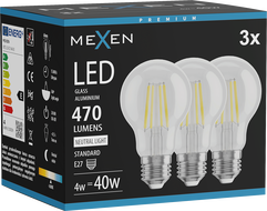 Mexen Vintis 3x LED filamentinė lemputė E27, A60, 4W, Neutrali - 4000K, 470 lm, skaidri - L150-E27-0440-00x03
