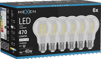 Mexen Vintis 6x LED gijų lemputė E27, A60, 4W, Neutralus - 4000K, 470 lm, skaidri - L150-E27-0440-00x06