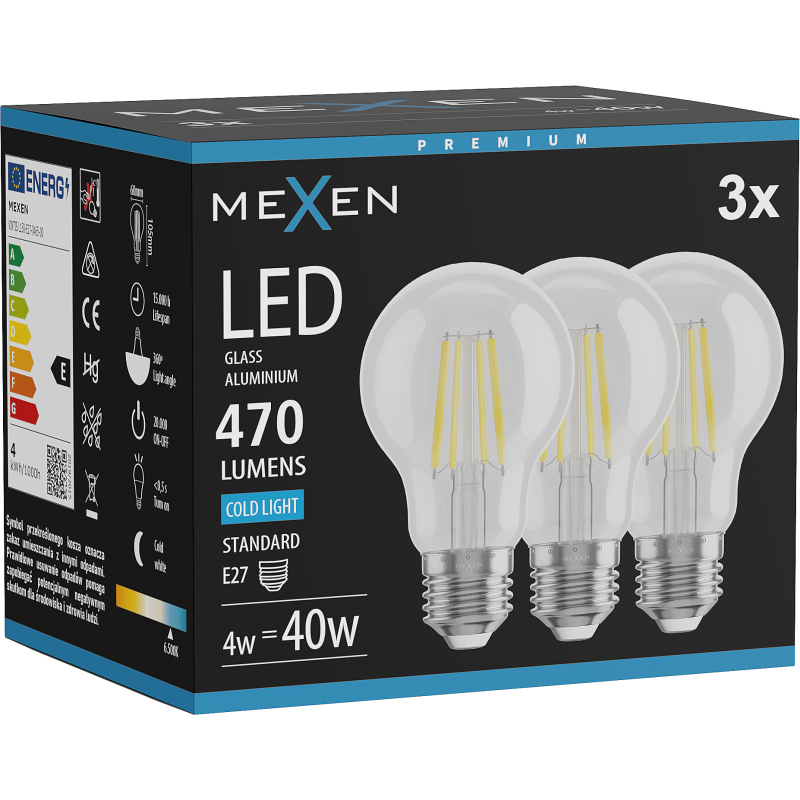 Mexen Vintis 3x LED filamentinė lemputė E27, A60, 4W, Šalta - 6500K, 470 lm, skaidri - L150-E27-0465-00x03