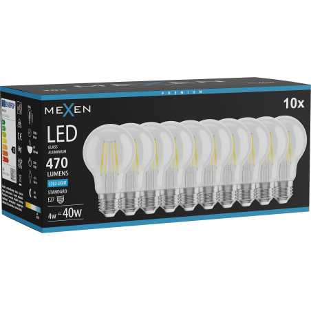 Mexen Vintis 10x LED siūlelio lemputė E27, A60, 4W, Šalta - 6500K, 470 lm, skaidri - L150-E27-0465-00x10