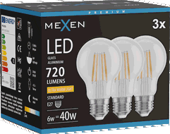 Mexen Vintis 3x LED gijų lemputė E27, A60, 6W, Šilta - 2200K, 720 lm, skaidri - L150-E27-0622-00x03