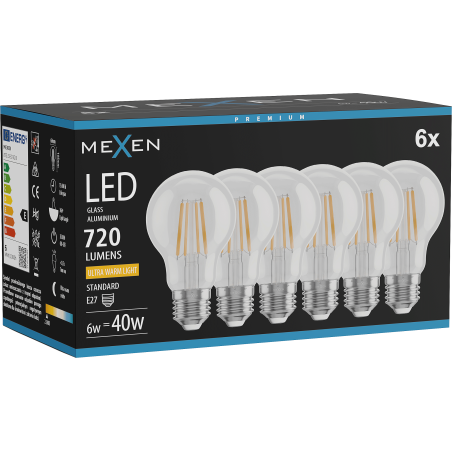 Mexen Vintis 6x lemputė kaitinamosios LED E27, A60, 6W, Šilta - 2200K, 720 lm, skaidri - L150-E27-0622-00x06