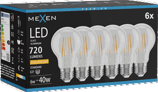 Mexen Vintis 6x lemputė kaitinamosios LED E27, A60, 6W, Šilta - 2200K, 720 lm, skaidri - L150-E27-0622-00x06