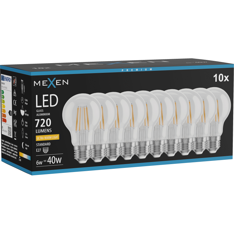 Mexen Vintis 10x LED kaitinamosios lempos E27, A60, 6W, Šilta - 2200K, 720 lm, skaidri - L150-E27-0622-00x10