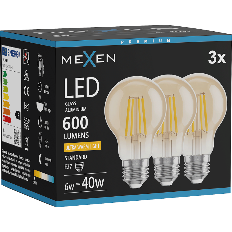 Mexen Vintis 3x LED siūlų lemputė E27, A60, 6W, Šilta - 2200K, 600 lm, gintarinė - L150-E27-0622-50x03