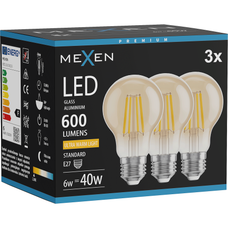 Mexen Vintis 3x LED siūlų lemputė E27, A60, 6W, Šilta - 2200K, 600 lm, gintarinė - L150-E27-0622-50x03