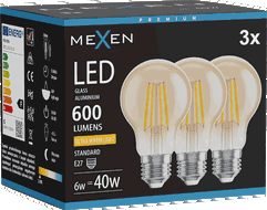 Mexen Vintis 3x LED siūlų lemputė E27, A60, 6W, Šilta - 2200K, 600 lm, gintarinė - L150-E27-0622-50x03