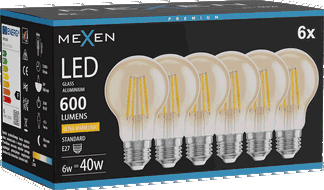 Mexen Vintis 6x LED filamento lemputė E27, A60, 6W, Šilta - 2200K, 600 lm, gintarinė - L150-E27-0622-50x06
