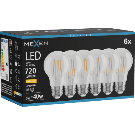 Mexen Vintis 6x LED gijų lemputė E27, A60, 6W, Šilta - 2700K, 720 lm, skaidri - L150-E27-0627-00x06