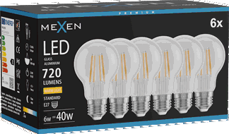 Mexen Vintis 6x LED gijų lemputė E27, A60, 6W, Šilta - 2700K, 720 lm, skaidri - L150-E27-0627-00x06