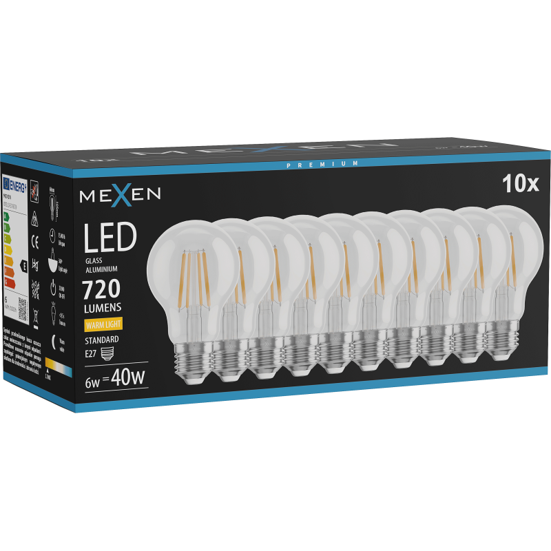 Mexen Vintis 10x LED gijų lemputė E27, A60, 6W, Šilta - 2700K, 720 lm, skaidri - L150-E27-0627-00x10