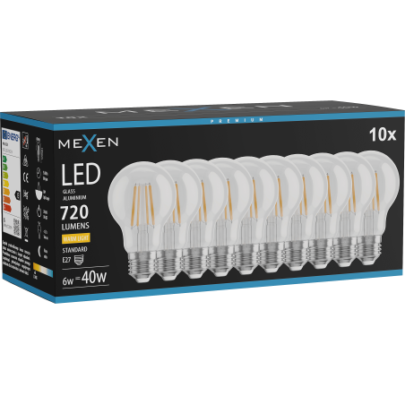 Mexen Vintis 10x LED gijų lemputė E27, A60, 6W, Šilta - 2700K, 720 lm, skaidri - L150-E27-0627-00x10