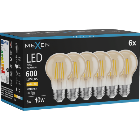 Mexen Vintis 6x LED siūlelio lemputė E27, A60, 6W, Šilta - 2700K, 600 lm, gintarinė - L150-E27-0627-50x06