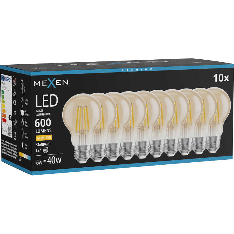 Mexen Vintis 10x LED siūlinė lemputė E27, A60, 6W, Šilta - 2700K, 600 lm, gintarinė - L150-E27-0627-50x10