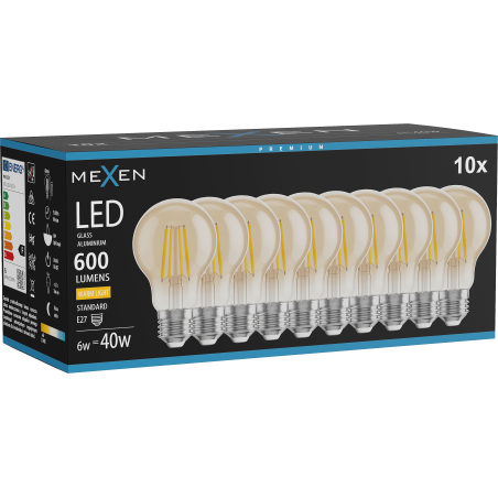 Mexen Vintis 10x LED siūlinė lemputė E27, A60, 6W, Šilta - 2700K, 600 lm, gintarinė - L150-E27-0627-50x10