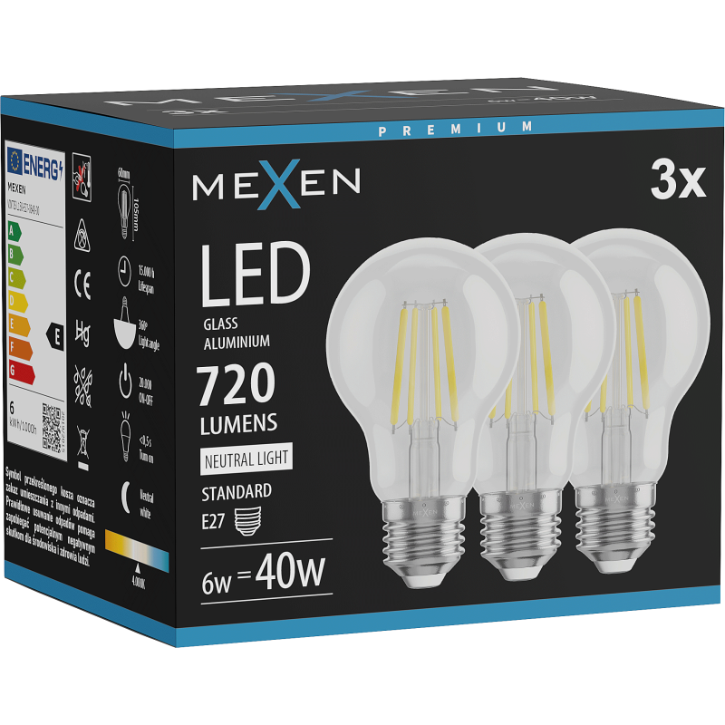 Mexen Vintis 3x lemputė su filamentine LED E27, A60, 6W, Neutralus - 4000K, 720 lm, skaidrus - L150-E27-0640-00x03