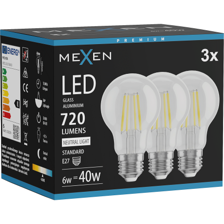 Mexen Vintis 3x lemputė su filamentine LED E27, A60, 6W, Neutralus - 4000K, 720 lm, skaidrus - L150-E27-0640-00x03
