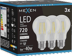 Mexen Vintis 3x lemputė su filamentine LED E27, A60, 6W, Neutralus - 4000K, 720 lm, skaidrus - L150-E27-0640-00x03