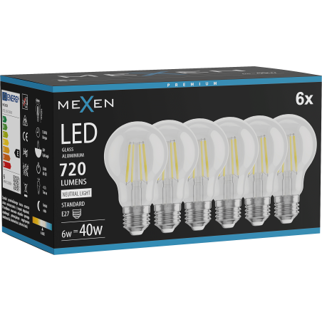 Mexen Vintis 6x LED gijų lemputė E27, A60, 6W, Neutrali - 4000K, 720 lm, skaidri - L150-E27-0640-00x06