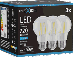 Mexen Vintis 3x LED kaitinimo siūlelių lemputė E27, A60, 6W, Šalta - 6500K, 720 lm, skaidri - L150-E27-0665-00x03