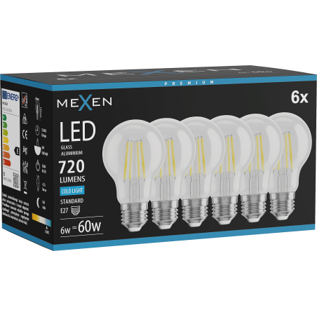 Mexen Vintis 6x LED siūlo lemputė E27, A60, 6W, Šaltai balta - 6500K, 720 lm, skaidri - L150-E27-0665-00x06