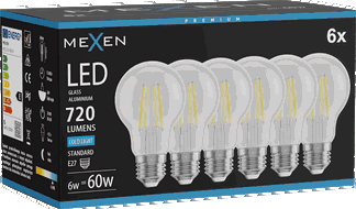 Mexen Vintis 6x LED siūlo lemputė E27, A60, 6W, Šaltai balta - 6500K, 720 lm, skaidri - L150-E27-0665-00x06
