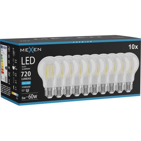 Mexen Vintis 10x LED gijų lemputė E27, A60, 6W, šalta - 6500K, 720 lm, skaidri - L150-E27-0665-00x10