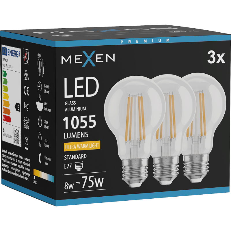 Mexen Vintis 3x LED filamentinė lemputė E27, A60, 8W, Šilta - 2200K, 1055 lm, skaidri - L150-E27-0822-00x03