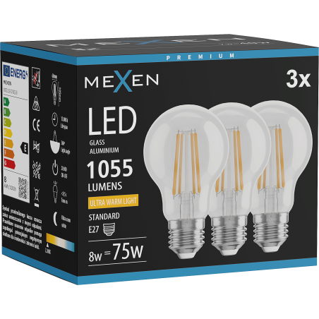 Mexen Vintis 3x LED filamentinė lemputė E27, A60, 8W, Šilta - 2200K, 1055 lm, skaidri - L150-E27-0822-00x03