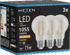 Mexen Vintis 3x LED filamentinė lemputė E27, A60, 8W, Šilta - 2200K, 1055 lm, skaidri - L150-E27-0822-00x03