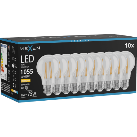 Mexen Vintis 10x kaitinamoji LED lemputė E27, A60, 8W, Šilta - 2200K, 1055 lm, skaidri - L150-E27-0822-00x10