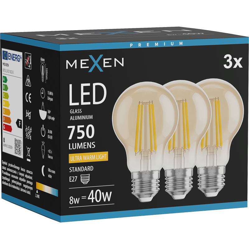 Mexen Vintis 3x LED kaitrinė lemputė E27, A60, 8W, Šilta - 2200K, 750 lm, gintarinė - L150-E27-0822-50x03